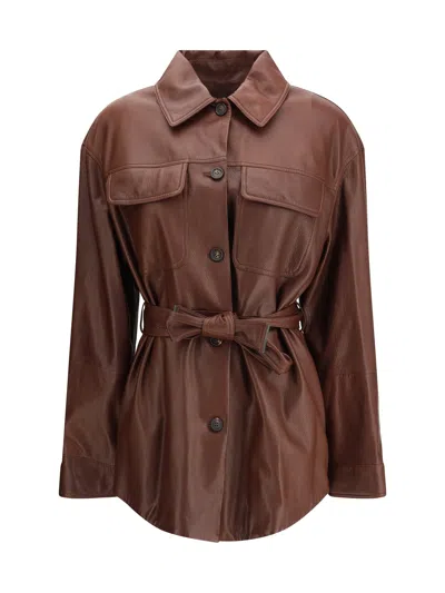 Brunello Cucinelli Leather Jacket Belted Waist In Brown
