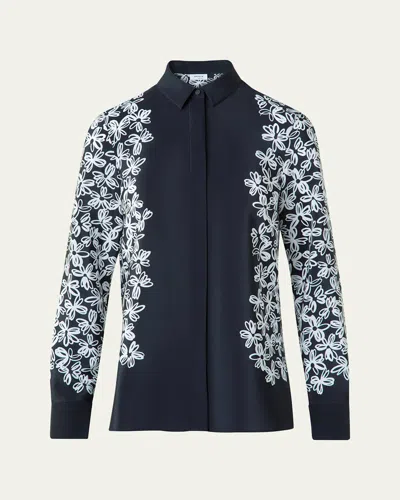 Akris Punto Daisy Print Button Down Silk Blouse