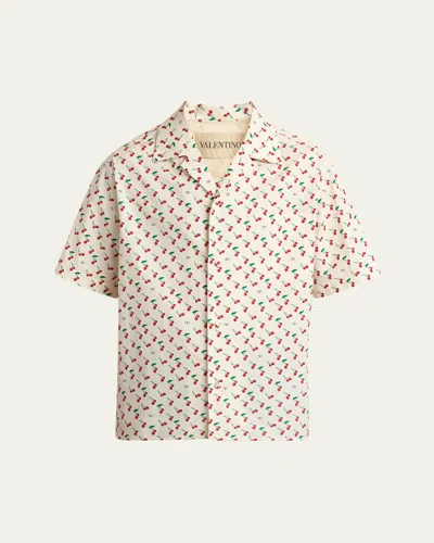 Valentino Cherryfic Camp Collar Cotton Shirt In Neutral