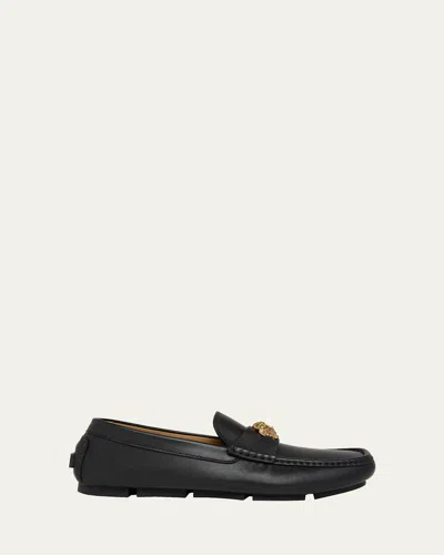 Versace Logo Plaque Leather Loafers In Black
