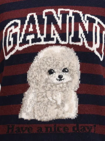 Ganni Graphic Wool Mix Poodle Stripe Crewneck Knitwear Multicolor In Multi