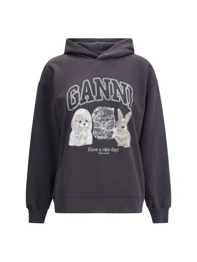 Ganni Oversize Cotton Sweatshirt With Hood And Graphic Print