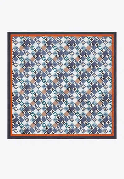 Fendi Silk Foulard With Contrast Border And Geometric Pattern In Blue