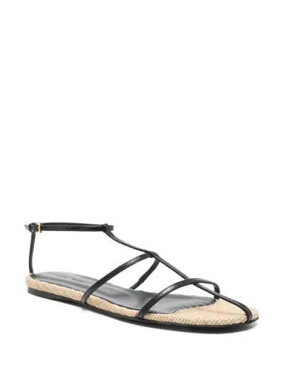 Khaite Cage Raffia And Leather Sandals In Black