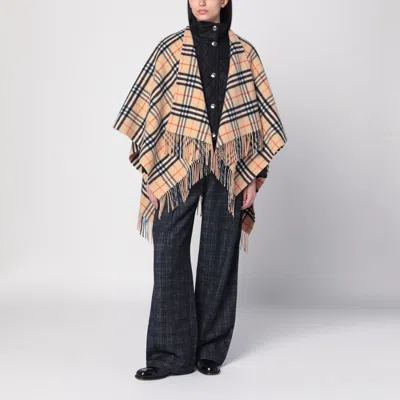 Burberry Wool And Cashmere Cape With Check Pattern In Neutral