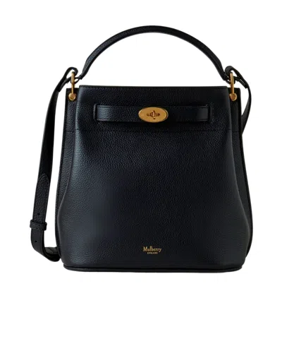 Mulberry Small Islington Black Bucket Bag With Twist Lock Closure In Hammered Leather In Blue