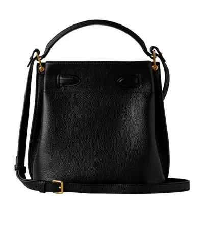 Mulberry Small Islington Black Bucket Bag With Twist Lock Closure In Hammered Leather In Blue