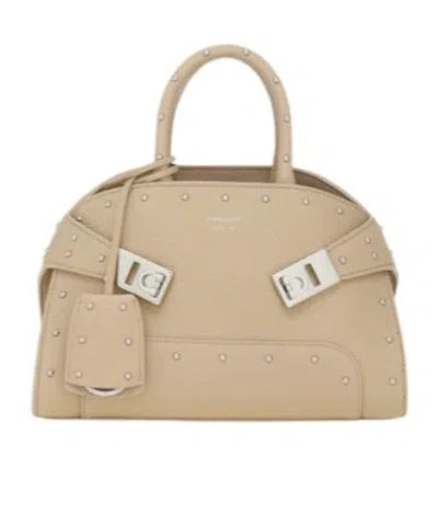 Ferragamo Hug Mini Tote Bag With Spikes In Neutral