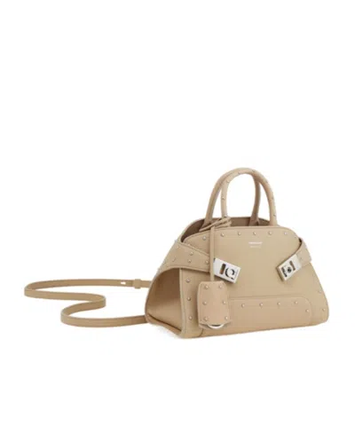 Ferragamo Hug Mini Tote Bag With Spikes In Neutral