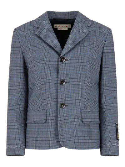 Marni Blue Wool Cropped Jacket With Prince Of Wales Check