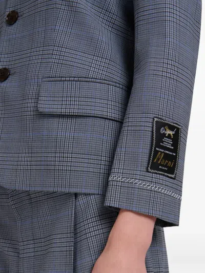 Marni Blue Wool Cropped Jacket With Prince Of Wales Check