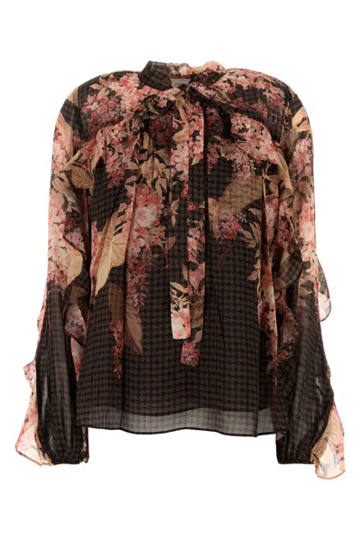 Zimmermann Womens Black Floral Illuminate Flutter Floral-print Sheer Blouse In Brown