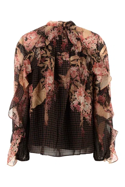 Zimmermann Womens Black Floral Illuminate Flutter Floral-print Sheer Blouse In Brown