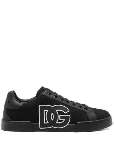 Dolce & Gabbana Portofino Light Strobel Sneakers In Canvas And Calfskin In Black