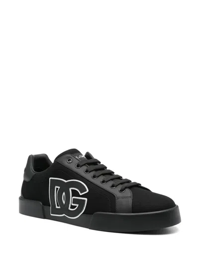 Dolce & Gabbana Portofino Light Strobel Sneakers In Canvas And Calfskin In Black