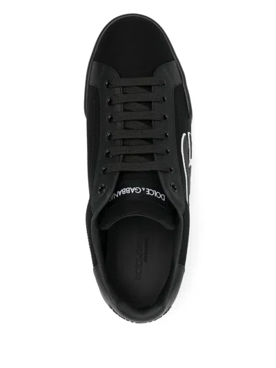 Dolce & Gabbana Portofino Light Strobel Sneakers In Canvas And Calfskin In Black