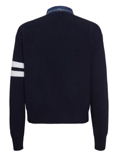 Dsquared2 Men Blue Cardigan With Denim Panels And Striped Details On The Sleeve In Wool And Cashmere In Blue