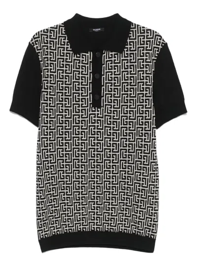 Balmain Wool And Linen Polo Shirt With Monogram Motif In Black