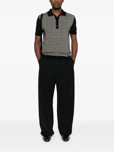 Balmain Wool And Linen Polo Shirt With Monogram Motif In Black