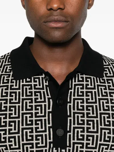 Balmain Wool And Linen Polo Shirt With Monogram Motif In Black