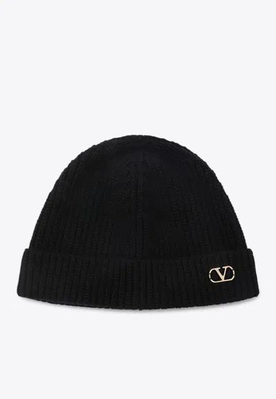 Valentino Garavani Cashmere Ribbed Texture Beanie With Turn-up Brim In Black