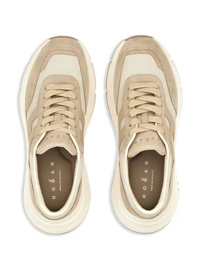Hogan Panelled Design Leather Sneakers With Ridged Sole In Neutral