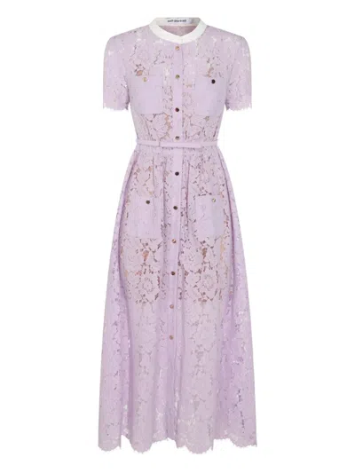 Self-portrait Lace Buttoned Cotton Blend Midi Dress In Purple