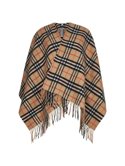 Burberry Wool And Cashmere Cape With Check Pattern In Brown
