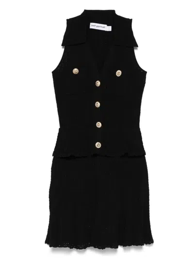 Self-portrait Pointelle-knit Mini Dress With Flap Pockets And Chain-link Accents In Black