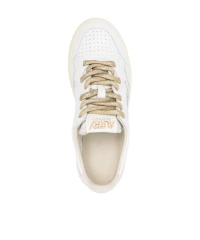 Autry Medalist Low Sneakers In White Leather And Suede Heel Tab In Brown