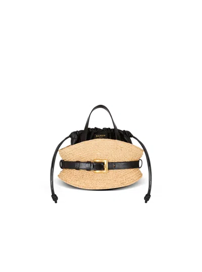 Balmain Shuffle Mini Top-handle Bag In Raffia And Calfskin