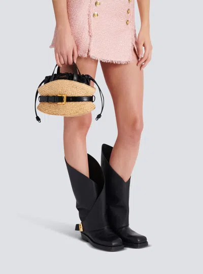 Balmain Shuffle Mini Top-handle Bag In Raffia And Calfskin