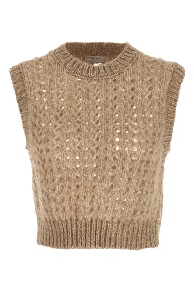 Peserico Lurex Tricot Vest Gilet Beige In Neutral