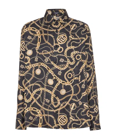 Balmain Black Shirt With Pointed Collar And Chain Print With Logo In Black