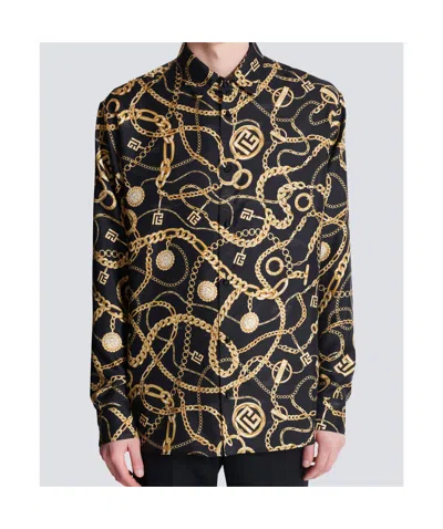 Balmain Black Shirt With Pointed Collar And Chain Print With Logo In Black