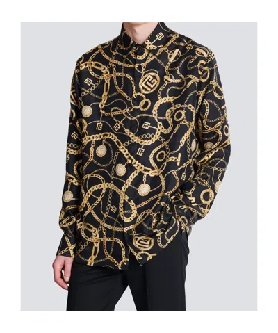 Balmain Black Shirt With Pointed Collar And Chain Print With Logo In Black