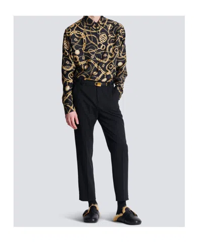 Balmain Black Shirt With Pointed Collar And Chain Print With Logo In Black