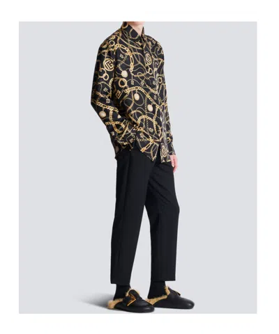 Balmain Black Shirt With Pointed Collar And Chain Print With Logo In Black