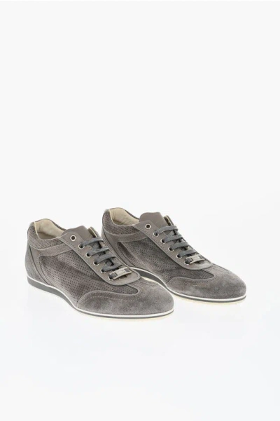Corneliani Id Suede Low Top Sneakers With Perforated Inserts In Gray