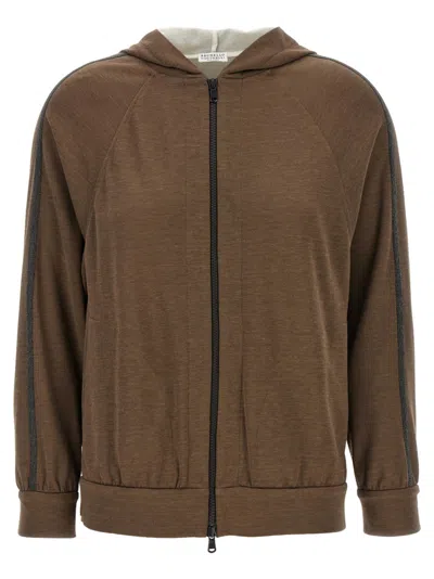 Brunello Cucinelli Brown Sweatshirt With Fixed Hood And Monil Detail On The Sleeve