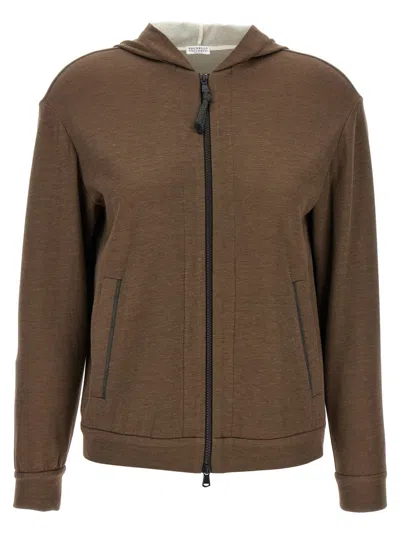 Brunello Cucinelli Brown Sweatshirt With Fixed Hood And Monil Detail On The Sleeve