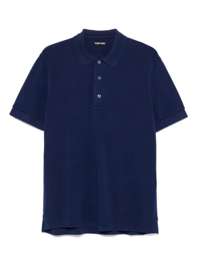 Tom Ford Textured Finish Navy Polo With Front Button Placket In Blue