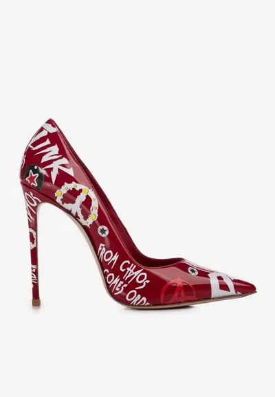 Le Silla Punk 120 Graffiti Pointed Pumps In Patent Leather In Red
