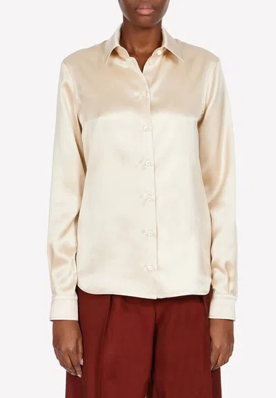 Ferragamo Long-sleeved Silk Satin Shirt In Ivory