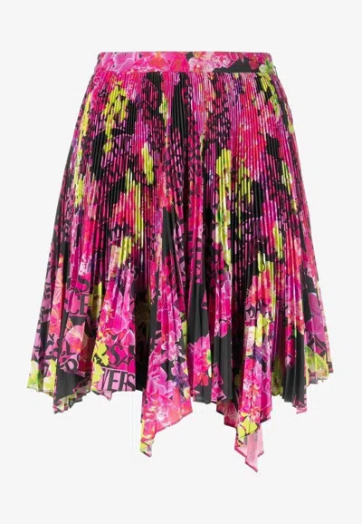 Versace Multicolor Asymmetric Pleated Mini-skirt With Logo Orchid Print In Polyester Woman In Multicolor