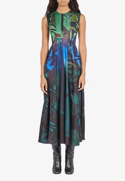 Ferragamo Sleeveless Graphic Printed Silk Midi Dress In Multi