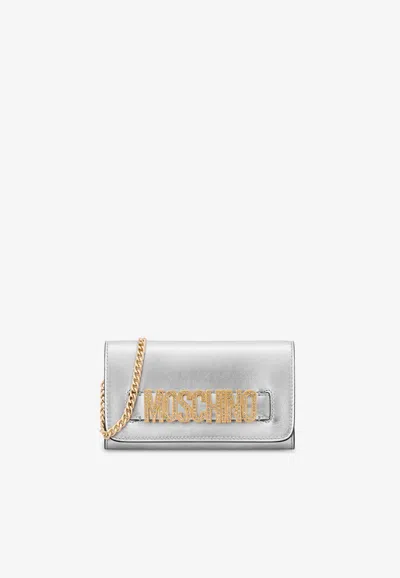 Moschino Crystal Embellished Logo Wallet In Metallic Nappa Leather In Silver
