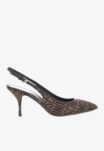 Moschino 75 All-over Logo Slingback Pumps In Brown