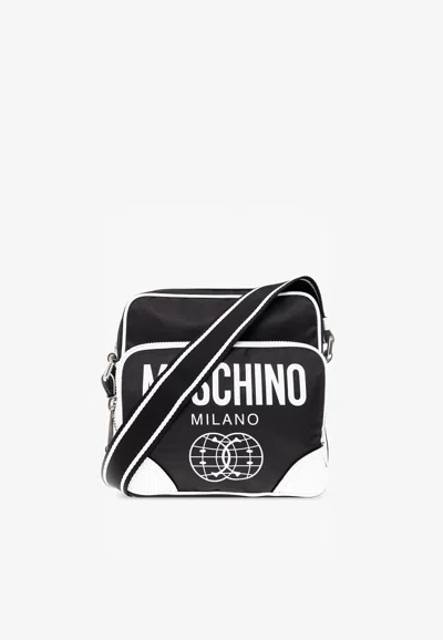 Moschino Black Smiley Double Smiley Messenger Bag In Monochrome