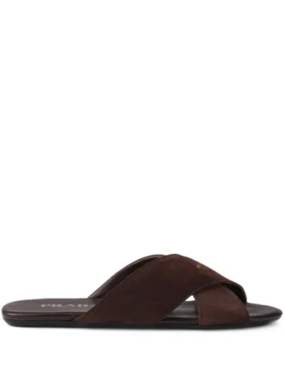 Prada Suede Open Toe Flat Sole Slides In Brown
